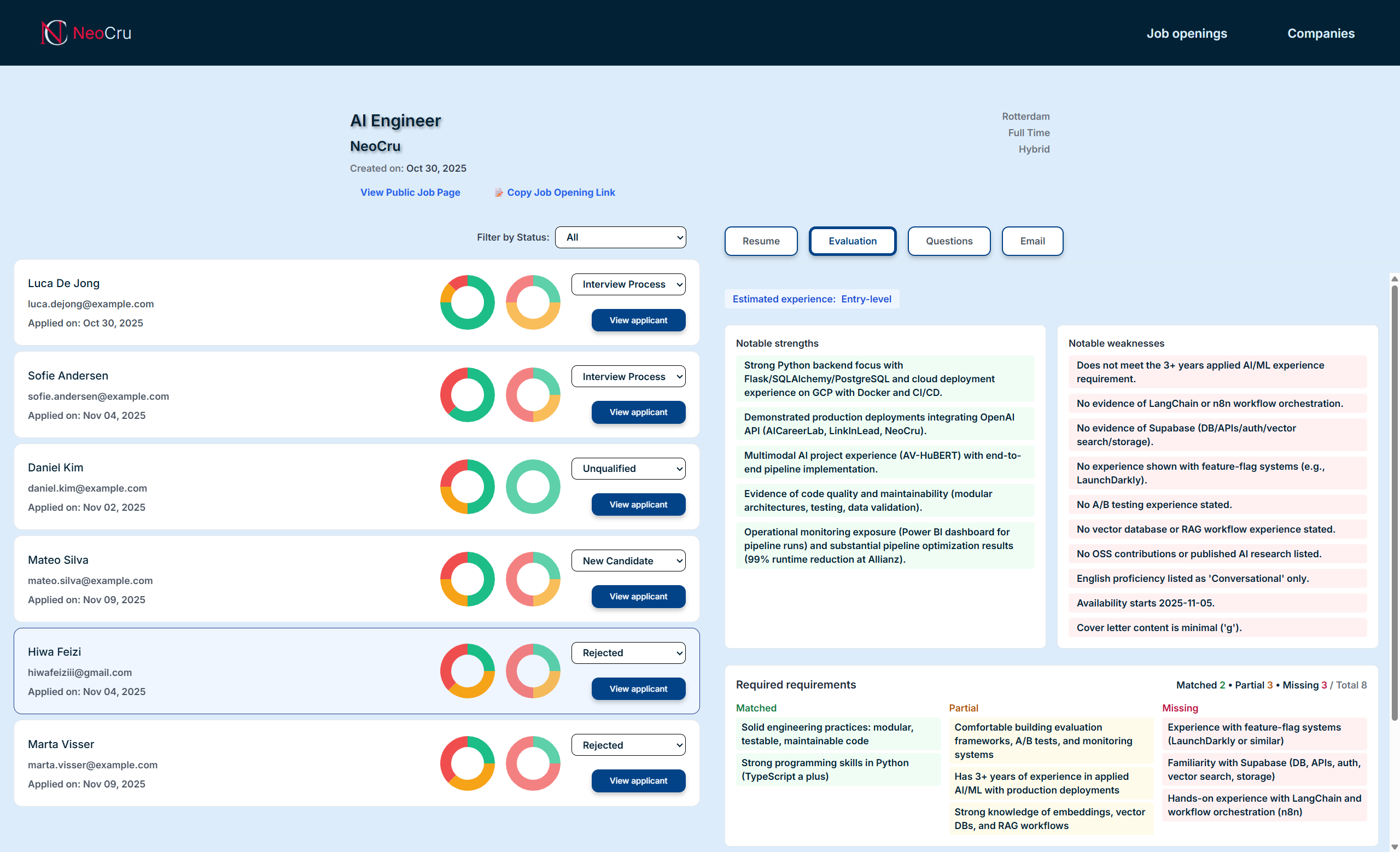 NeoCru dashboard showing applicant list with statuses and AI evaluation of strengths, gaps, and requirement match